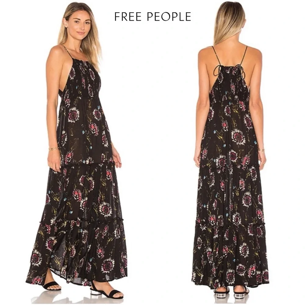 Free People Garden Party Floral Maxi Dress L Boho Smocked Tiered A-Line Romantic - Picture 2 of 16